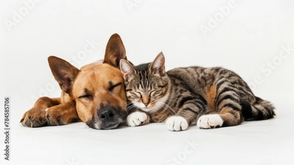 Fototapeta cat and dog lying on white background