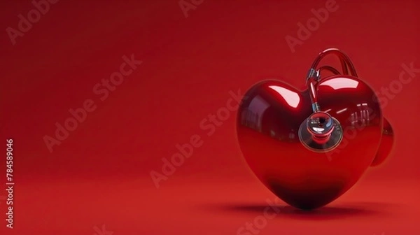Obraz Statoscope with a red heart shape on a red background. The concept of heart checkup, health, and blood donor month. World Health Day.