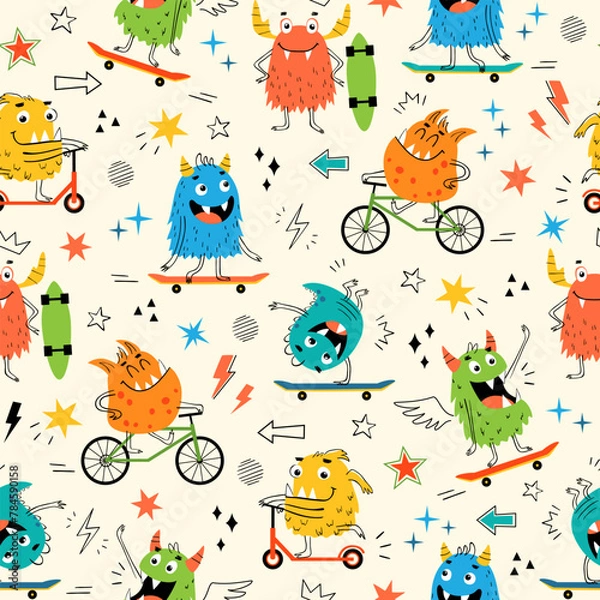 Obraz Seamless pattern of funny colorful monsters riding skateboards, scooters and bicycles. Baby, kids boy wrapping paper, textile design.