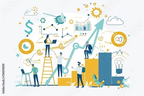 Fototapeta visual concept in trendy flat and linear style illustrates teamwork and business growth. The illustration features people constructing graphics, ideal for banners and infographic design templates. 