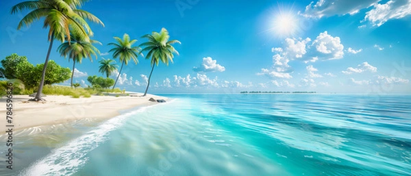 Obraz Sunlit Caribbean Beach with Palm Trees and White Sand, Perfect Scenic Spot for a Relaxing Day
