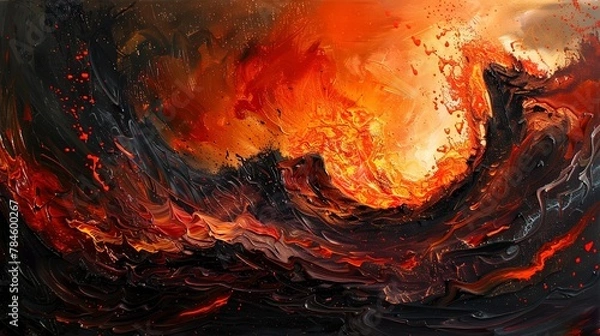 Fototapeta Oil painting Abstract, volcanic eruption, fiery reds and blacks, dusk, wide angle, molten lava flow. 