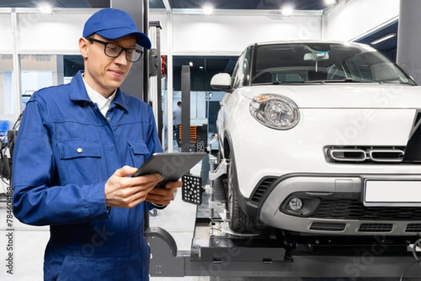 Fototapeta Serviceman with digital tablet on the background of the car in the car service..