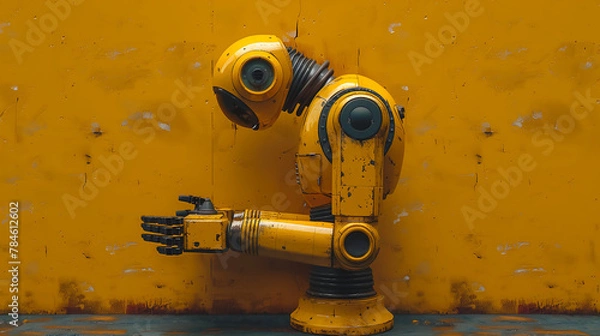 Fototapeta One old robot worker humanoid, part of the conveyer 