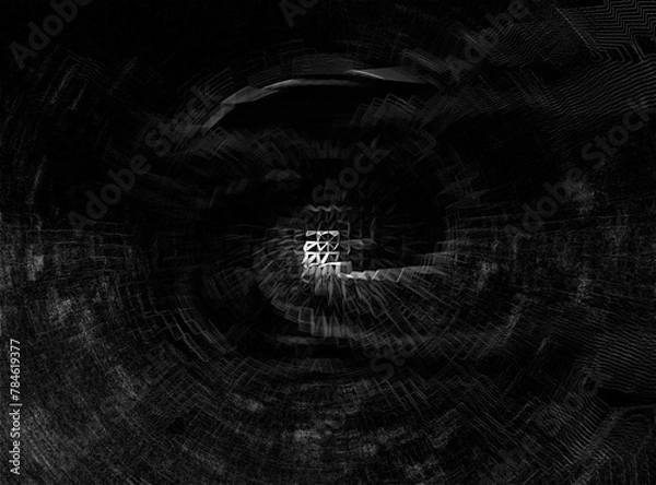 Fototapeta horizontal image. abstract storm vortex in with black background. white conceptual cuboid patterned centre eye shape