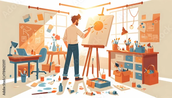 Fototapeta Flat Vector Illustration: Painter at Easel in Sunlit Studio Surrounded by Creativity - Candid Daily Work Routine