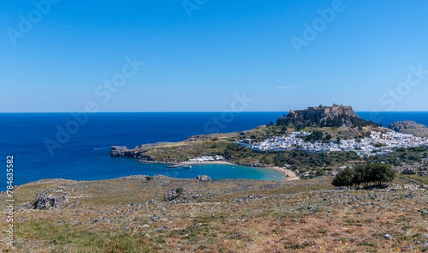 Fototapeta Panorama of the town and bay of Lindos in Rhodes