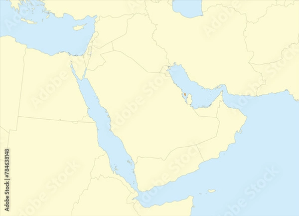 Fototapeta Orange detailed blank political map of BAHRAIN with black borders on beige continent background and blue sea surfaces using orthographic projection of the Middle East