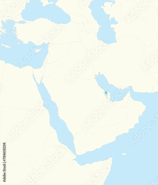 Fototapeta Green detailed blank political map of BAHRAIN with black borders on beige continent background and blue sea surfaces using orthographic projection of the Middle East