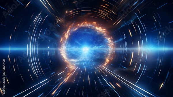 Fototapeta Step into the future of technology with a captivating abstract HUD tunnel, pulsating with motion graphics depicting data centers, servers, and lightning-fast internet connections, all rendered