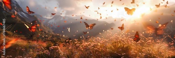 Obraz Woman with Butterfly Wings Jumping in a Sunset Meadow, Freedom and Joy in a Dreamy Summer Landscape