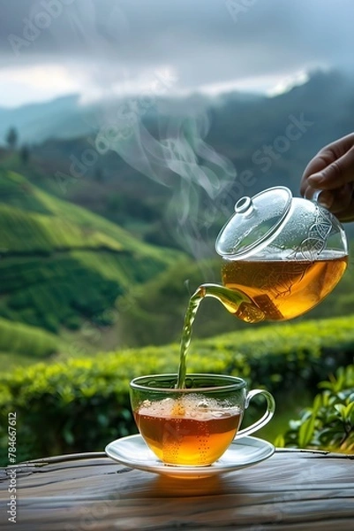 Fototapeta Glass teapot pours hot tea into transparent cup on wooden table with fresh leaves on tea plantation, sunny field background with copy space for text, product advertisement. Time of Tea concept 