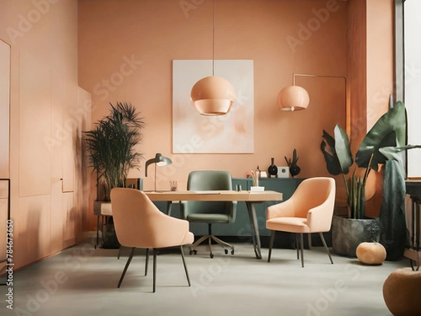 Fototapeta Workplace in peach fuzz 2024 color trend furniture. Painted gray walls and rich furniture - chairs and table with lamp. Pastel painting background. Large home office or coworking center. 3d render