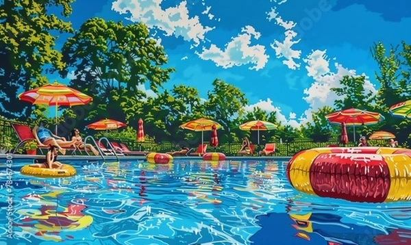 Fototapeta Capture the vibrant, sun-soaked scene of poolside recreation in vivid acrylics Show the dynamic colors and patterns of swimsuits and pool floats against a clear blue sky, Utilize digital rendering tec
