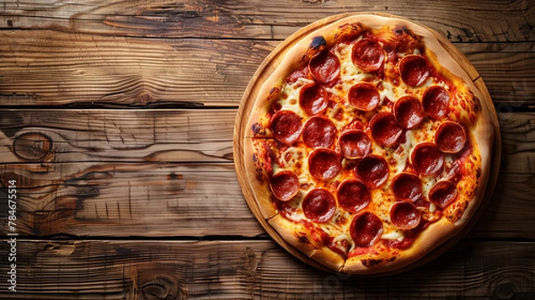 Fototapeta a pepperoni pizza, vibrant reds of the pepperoni, cheese melted to perfection, centered on a rustic wooden table. Ample copy space around, Generative AI