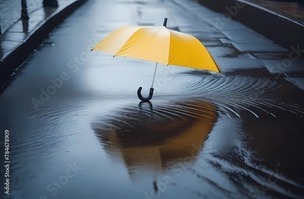 Fototapeta The umbrella is lying in a puddle in the rain.