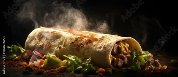Fototapeta A tempting burrito surrounded by a haze of appetizing, smoky vapors.