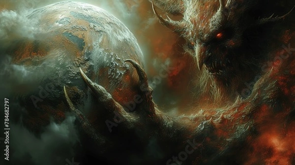 Fototapeta The devil holds the planet in his grasp, his claws piercing the surface, a menacing symbol of destruction and chaos looming over the fragile world 