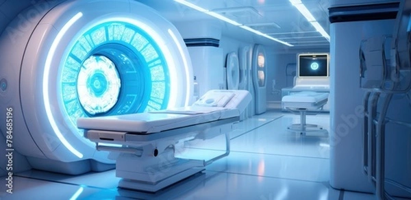 Fototapeta serenity and purity, with the room illuminated by a soft, white light, enhanced by subtle azure touches, creating a tranquil space where the x-ray machine resides harmoniously.