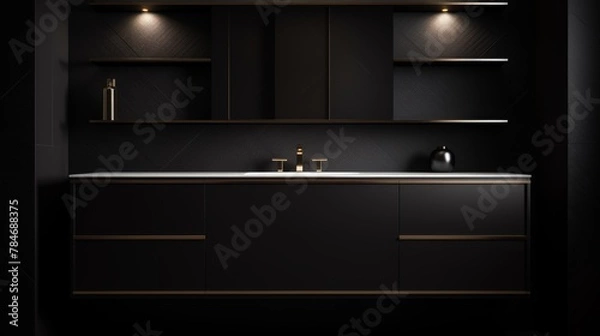 Fototapeta Close-up of a chic black bathroom cabinet, minimalist black and white style with symmetrical design and linear lighting effects, set in a dark-toned, high-end environment.