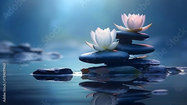 Fototapeta scène zen, cairn et nénuphar, bien-être , relaxation et spa, généré par IA	