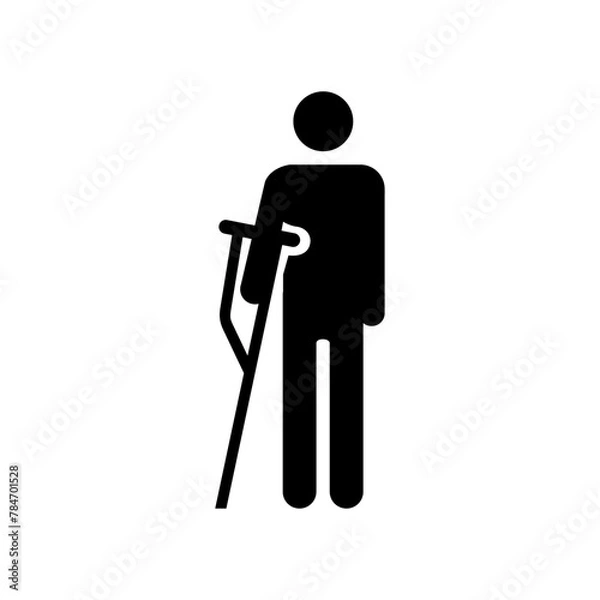 Fototapeta Priority access for injured people icon. Vector illustration of symbol isolated on white background. Standing man with crutch. Priority access for people with physical disabilities.