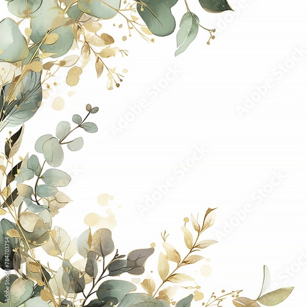 Fototapeta A frame of green leaves with a white background. The frame is gold and the leaves are painted in a watercolor style
