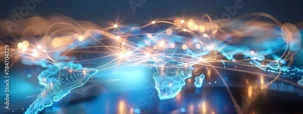 Fototapeta Abstract world map, concept of global network and connectivity, international data transfer and cyber technology, worldwide business, information exchange and telecommunication