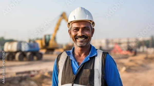 Fototapeta A striking set of photographs featuring an Indian worker in the foreground, with the building serving as a powerful backdrop, symbolizing the commitment and resilience of the workers.