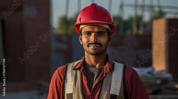 Fototapeta A focused worker, helmet-clad, stands tall in the foreground, while the dynamic construction site forms a bustling backdrop.