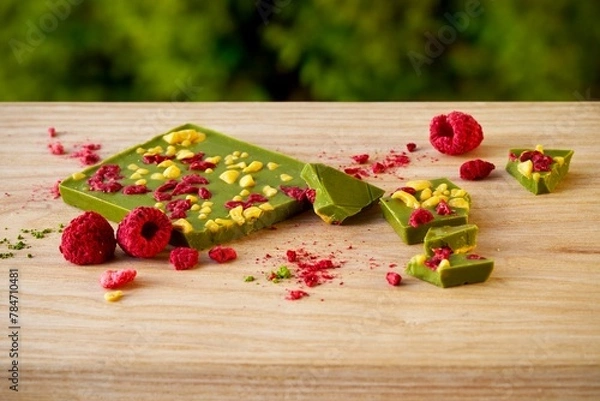 Obraz Matcha green tea chocolate with raspberries and dried passion fruit on a wooden surface
