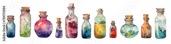 Fototapeta Set of watercolor bottles with colorful enchanted potions isolated on transparent background.