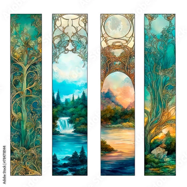 Obraz Set of four printable vintage bookmarks with abstract motifs of Art Nouveau landscapes on a white background in isolation.