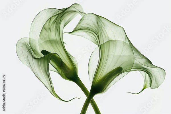 Fototapeta Minimalist close-up of calla flowers, two long curving and intersecting flower stems, perfect composition on a white background