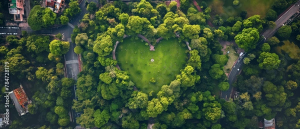 Fototapeta Lawn in green city park shaped as heart, aerial view from above. Generative AI
