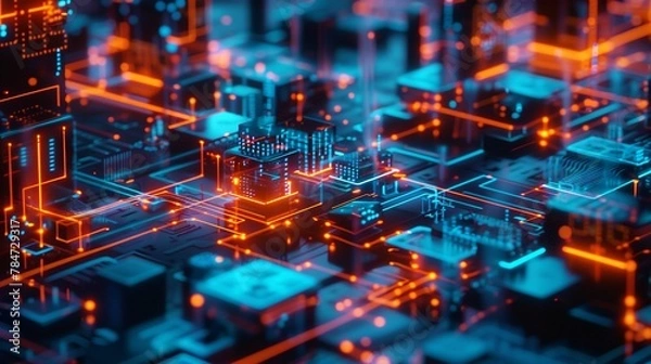 Fototapeta Futuristic Neon Circuit Board Cityscape with Glowing Lights. Generative Ai Image