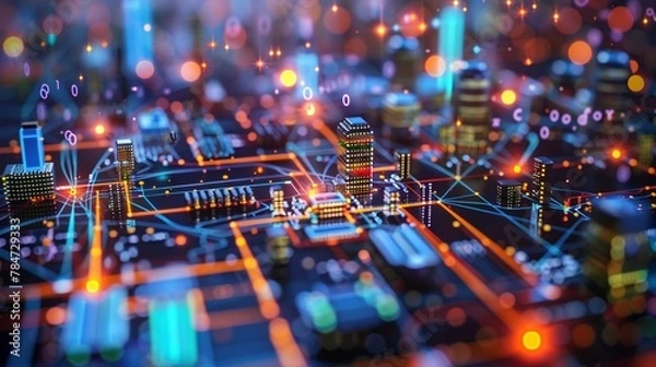 Fototapeta Vibrant Digital Network of Lights and Circuits in Technology. Generative Ai Image