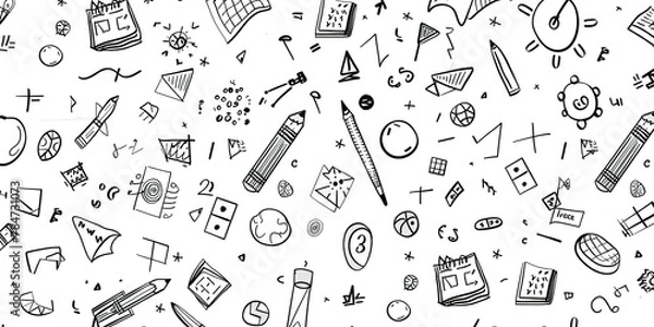 Fototapeta Cartoon background with mathematical pattern for children in black and white color. Cute background of mathematical symbols.