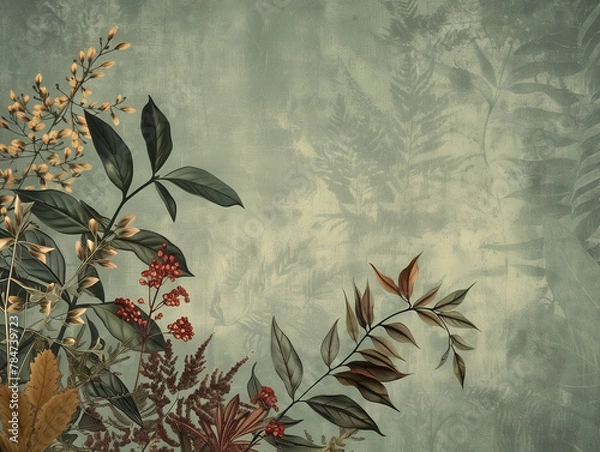 Fototapeta A muted green background with an elegant floral arrangement of leaves and berries, creating a vintage wallpaper style design