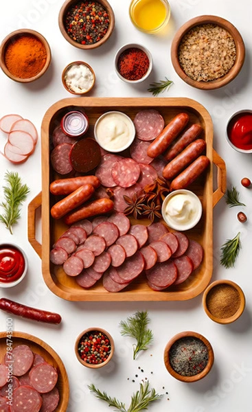 Fototapeta salami sausages, spices and meat products in a wooden tray, Free space for text,