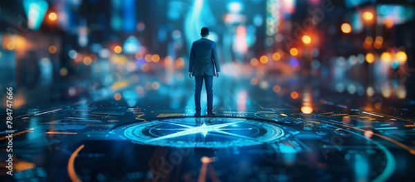 Fototapeta A close-up of a digital compass and silhouette businessman who is staying on it that marks: strategy for businesses, path on the future, creative strategy, market decision, financial stock, company or
