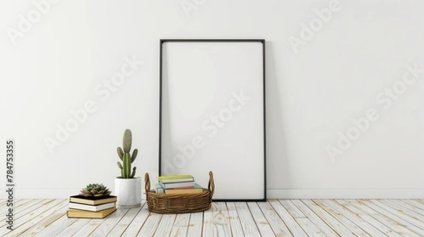 Fototapeta Blank Black Frame. Wooden Black Frame with plants in vases,mock up