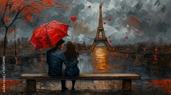 Obraz two lovers under red umbrella in Paris