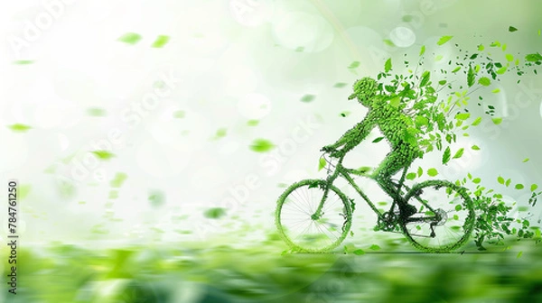 Fototapeta World bicycle day concept International holiday june 3, Green bicycle and man silhouette made up of leaves. Environment preserve. white background, banner, card, poster with text space