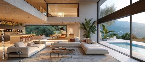 Fototapeta Interior design of a living room in a modern house with an open terrace and swimming pool, 