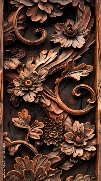 Fototapeta a close up of a wood carving of flowers and leaves. Generative AI