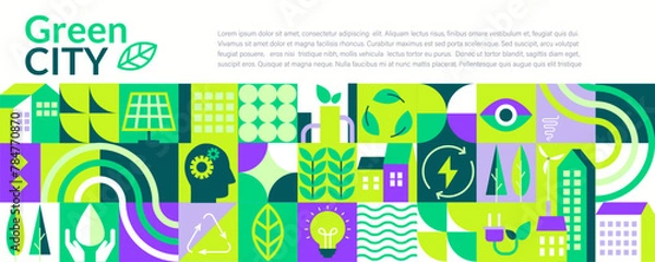 Obraz Green city horizontal banner in geometric flat style. Ecology,sustainable poster,flyer with symbols of solar panels, wind turbines-eco, green energy concept.Smart future lifestyle.Vector illustration