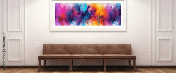 Fototapeta Embark on a journey through a room adorned with a vibrant illustration within a blank white frame, with bursts of adventurous color splashes guiding your way. 