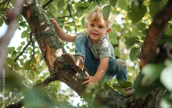 Obraz Adorable young boy climbing on  branches on a tree.