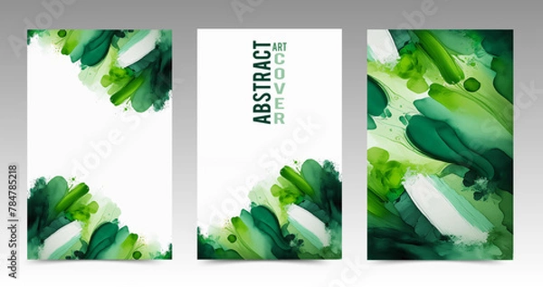 Fototapeta Set of modern green covers with abstract painting spots overlaid on white background. Brushwork pattern template for original flyer, bookleet, brochure, business card, packaging.
